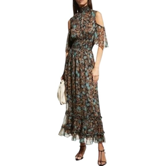 Misa Smocked Leaf Floral Maxi Ruffle Dress Womens Size L Boho Western Prairie - Picture 1 of 12